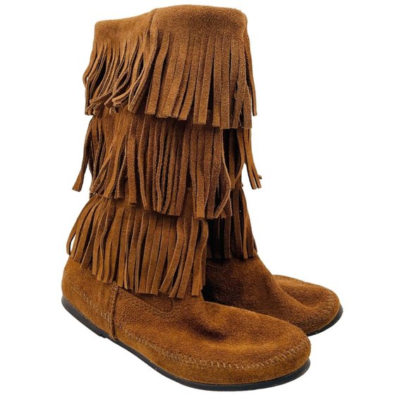 Minnetonka Shoes - Minnetonka Triple Fringe Moccasin Boots 1632 Size 10W Boho Leather Suede Brown